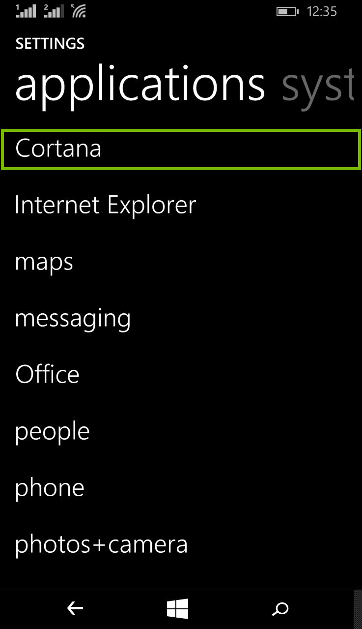 List of applications with Cortana selected. Screenshot.