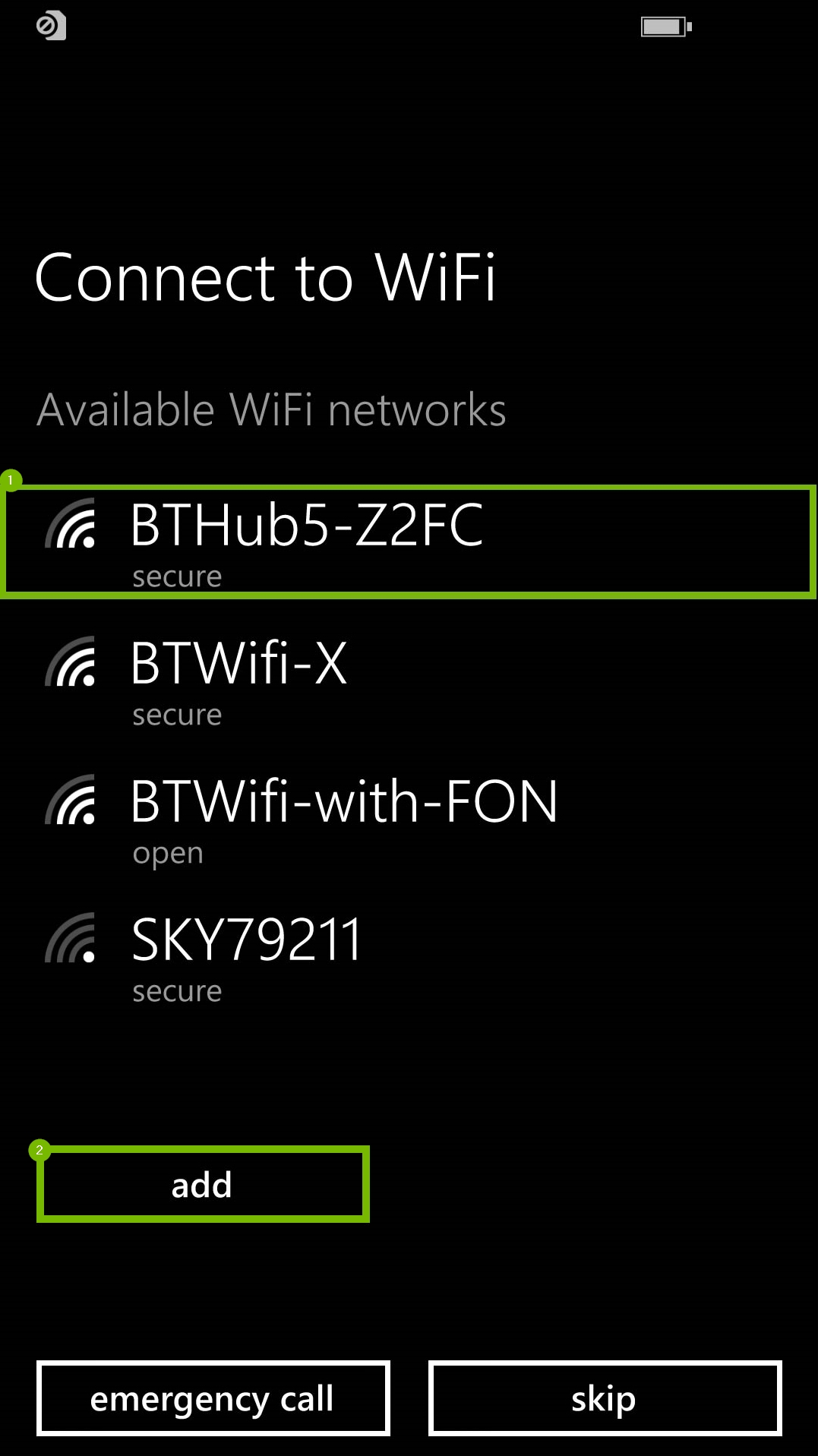 List of available Wi-Fi networks. Example Wi-Fi network highlighted and Add button selected. Screenshot.