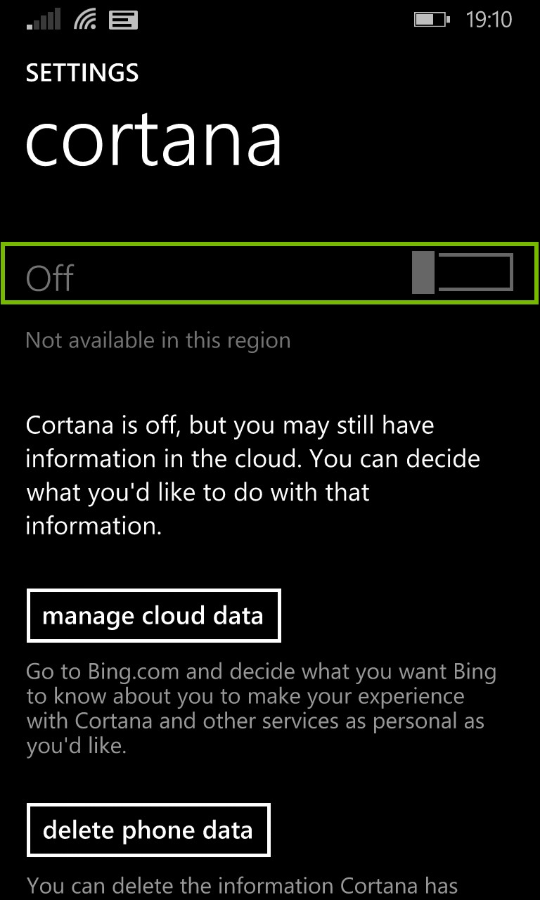 Cortana toggle screen. Screenshot.