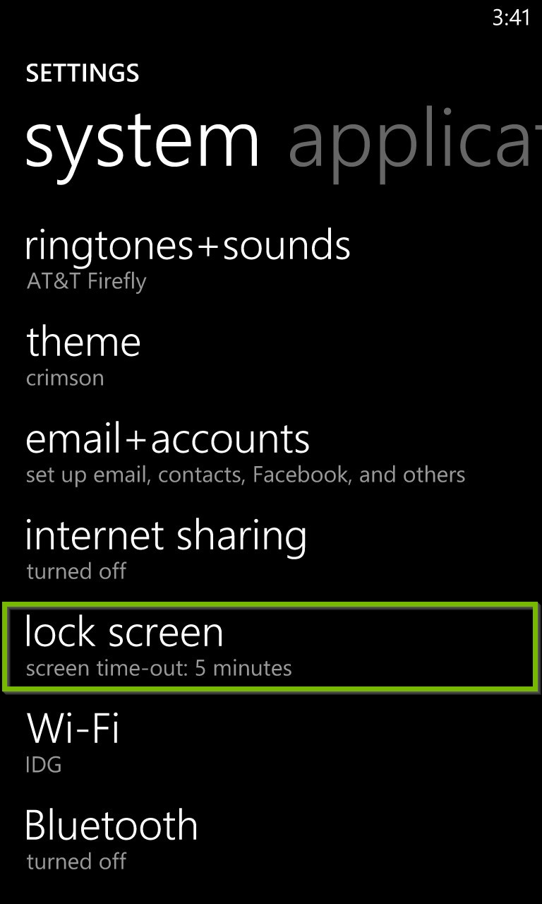 Settings screen with lock screen option selected. Screenshot.