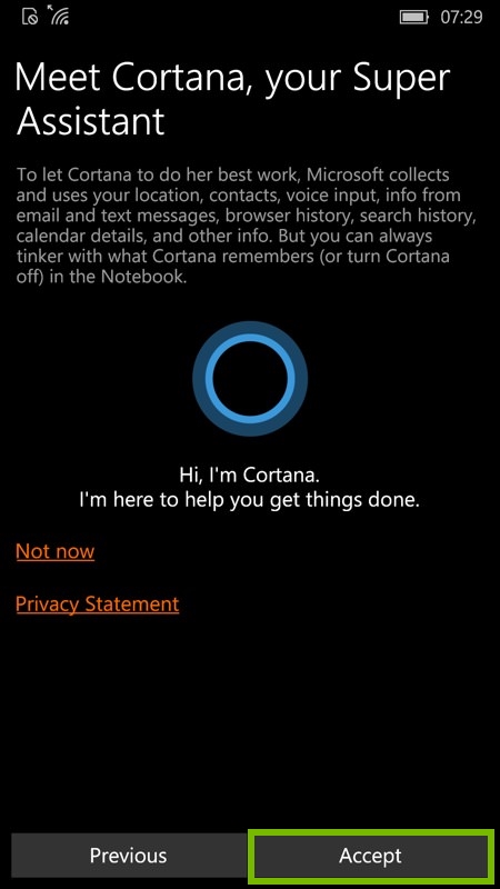 Meet cortana screen. Screenshot.