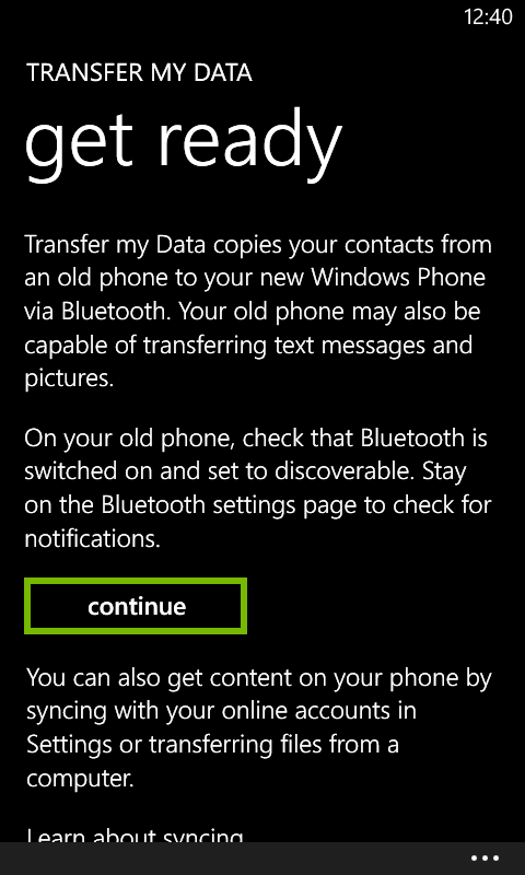Transfer my data app landing screen with continue button selected. Screenshot.