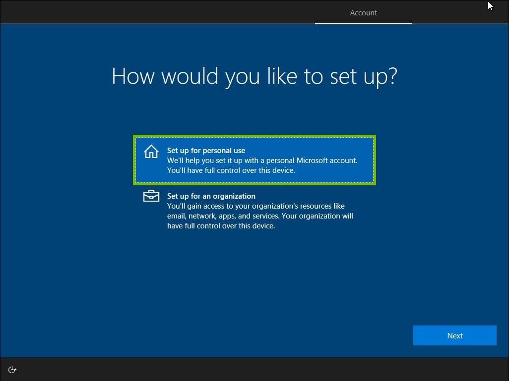 Setup for personal use highlighted