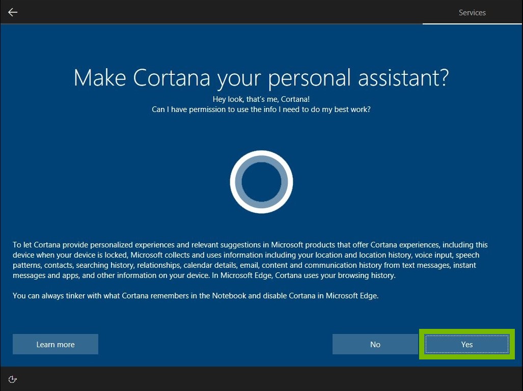 Yes button highlighted