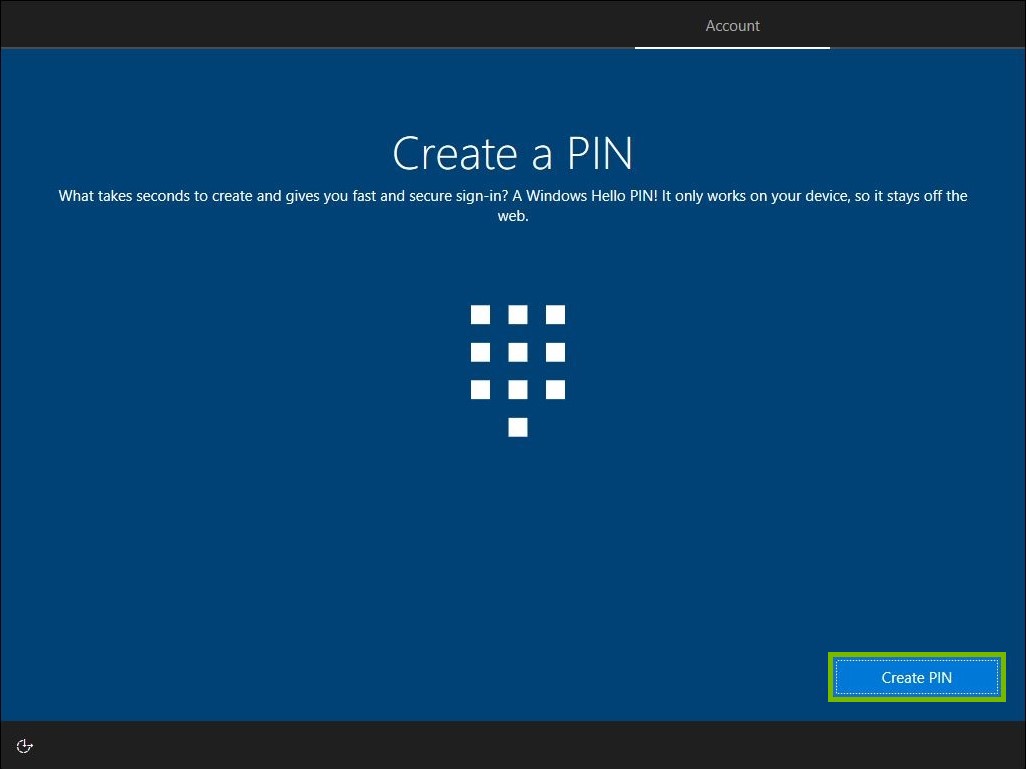 Create PIN button highlighted