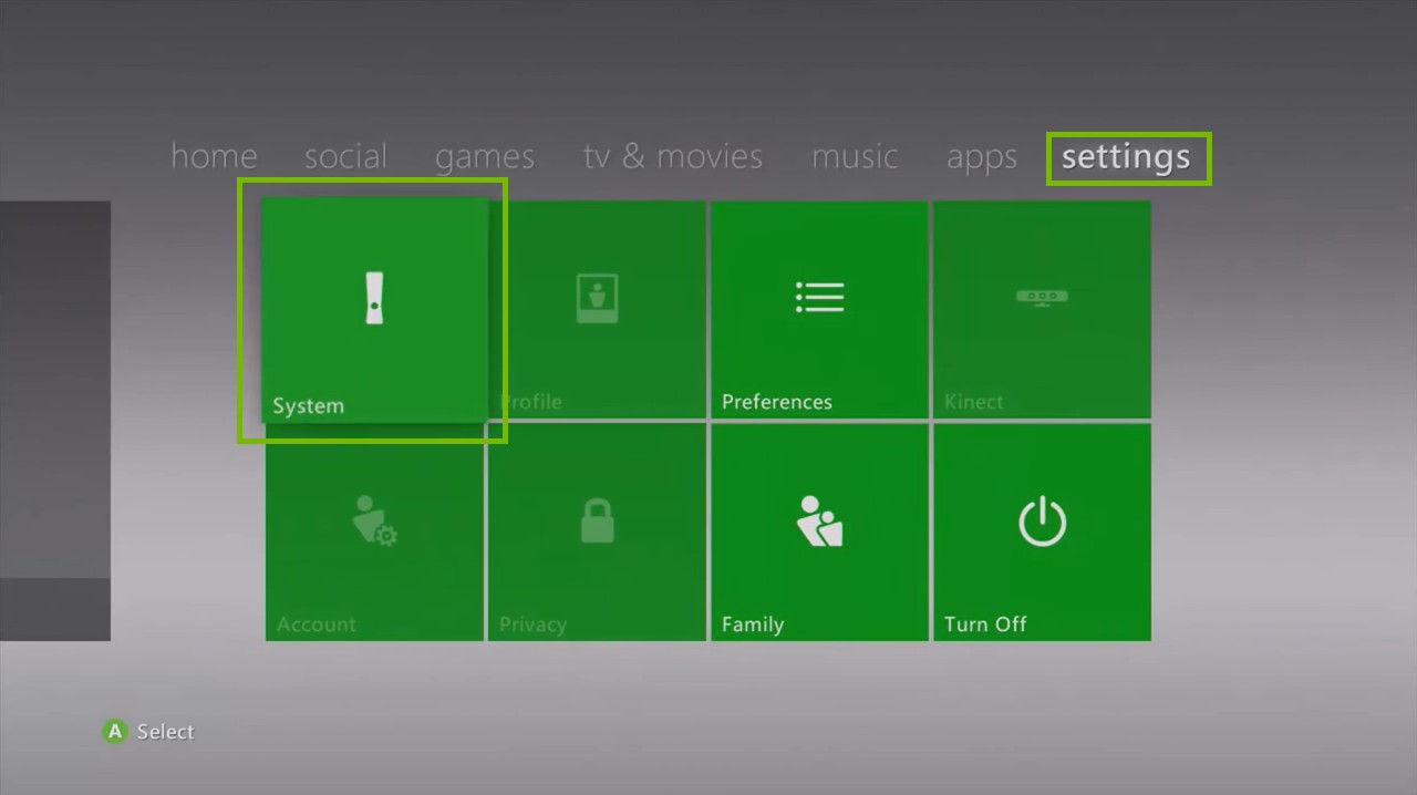 Xbox 360 Settings menu, highlighting the System icon.