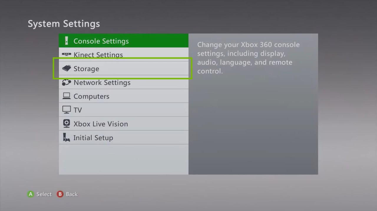 Xbox 360 System Settings menu highlighting the storage option.