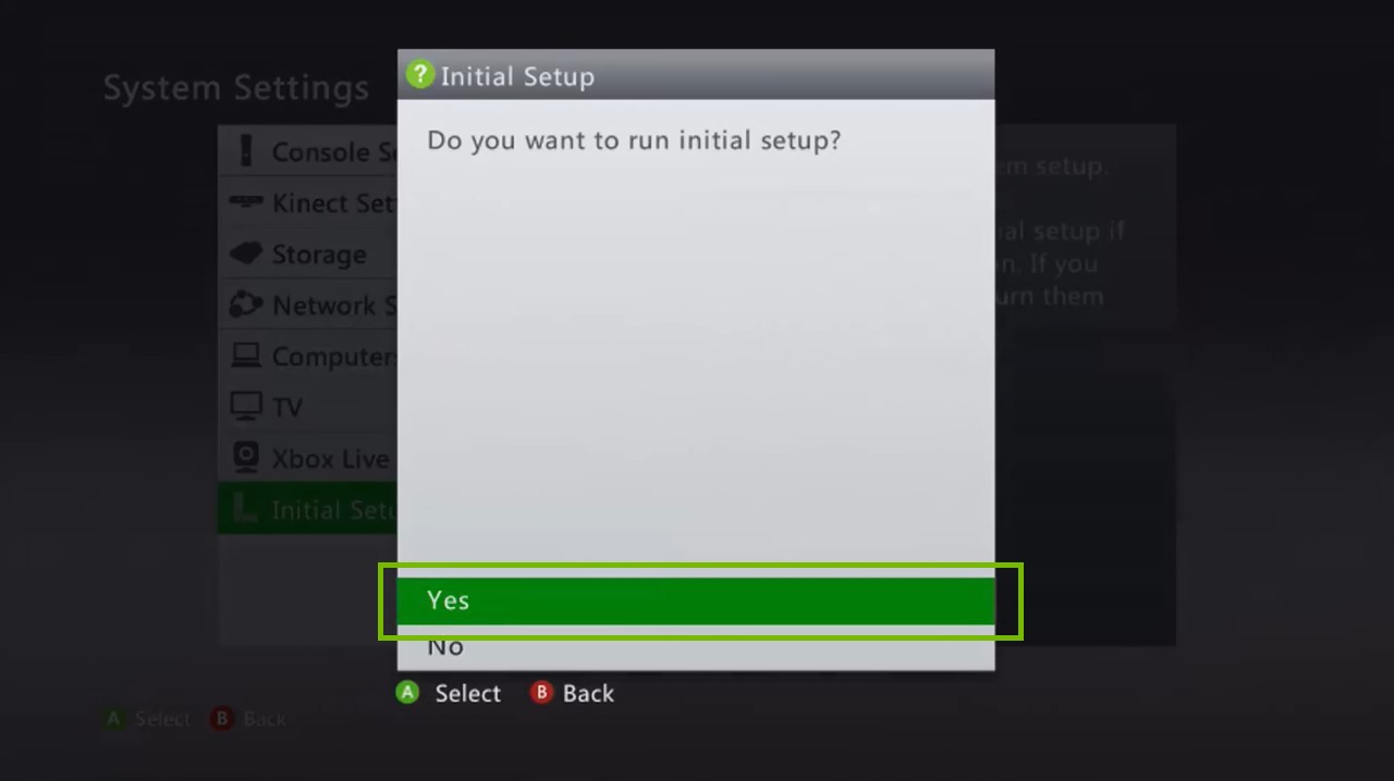 Xbox 360 Initial Setup prompt, highlighting the yes option.