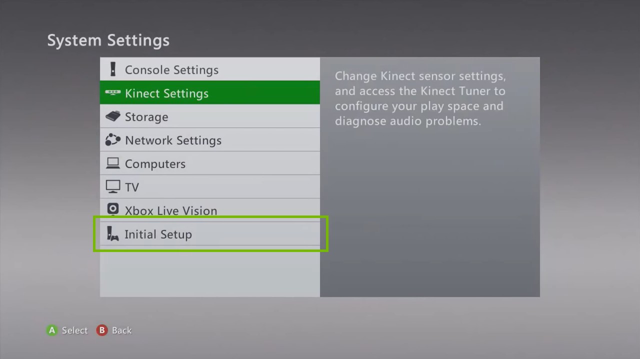 Xbox 360 System Settings menu, highlighting the Initial Setup option.