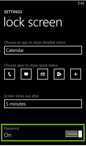 Lock screen settings with Password toggled on. Screenshot.