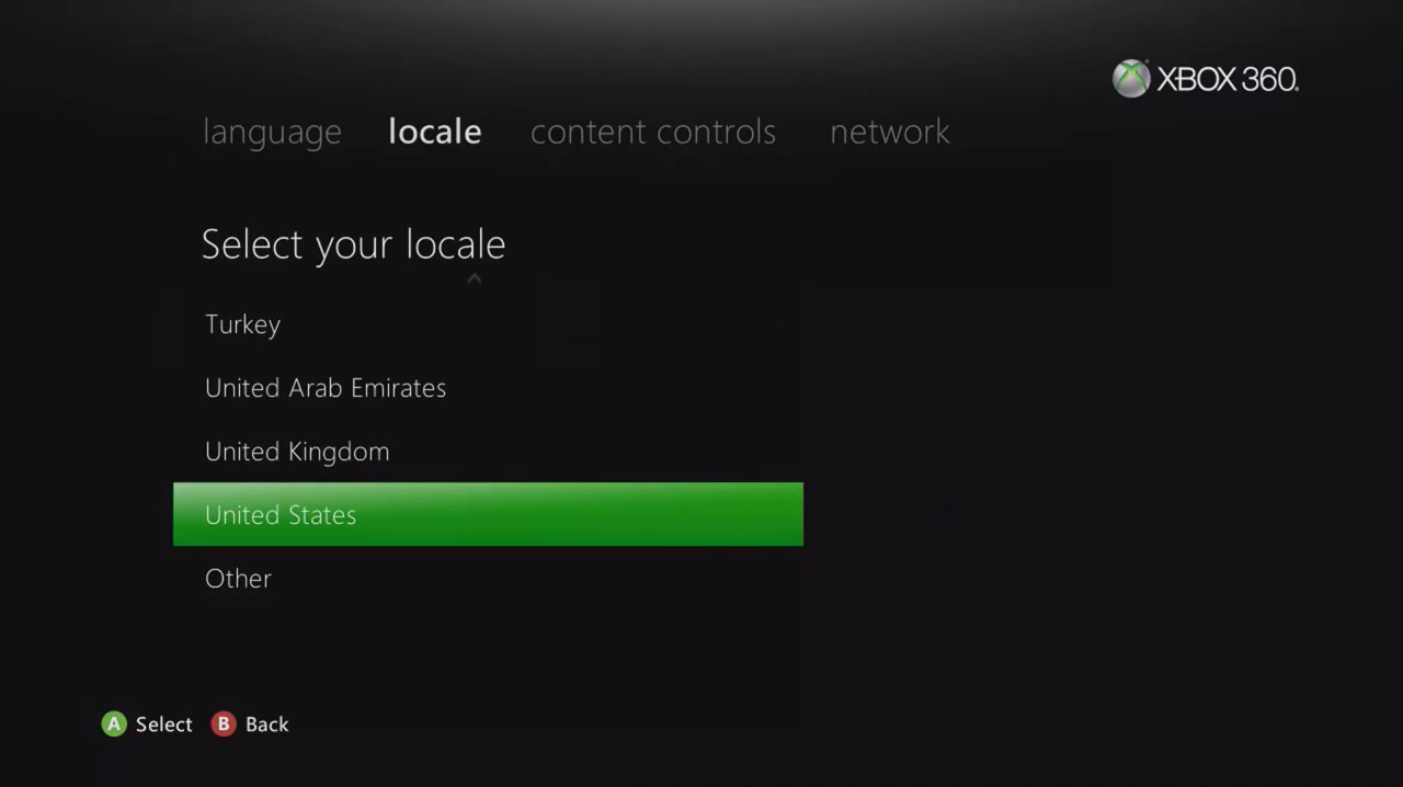 Xbox 360 initial setup locale selection screen.
