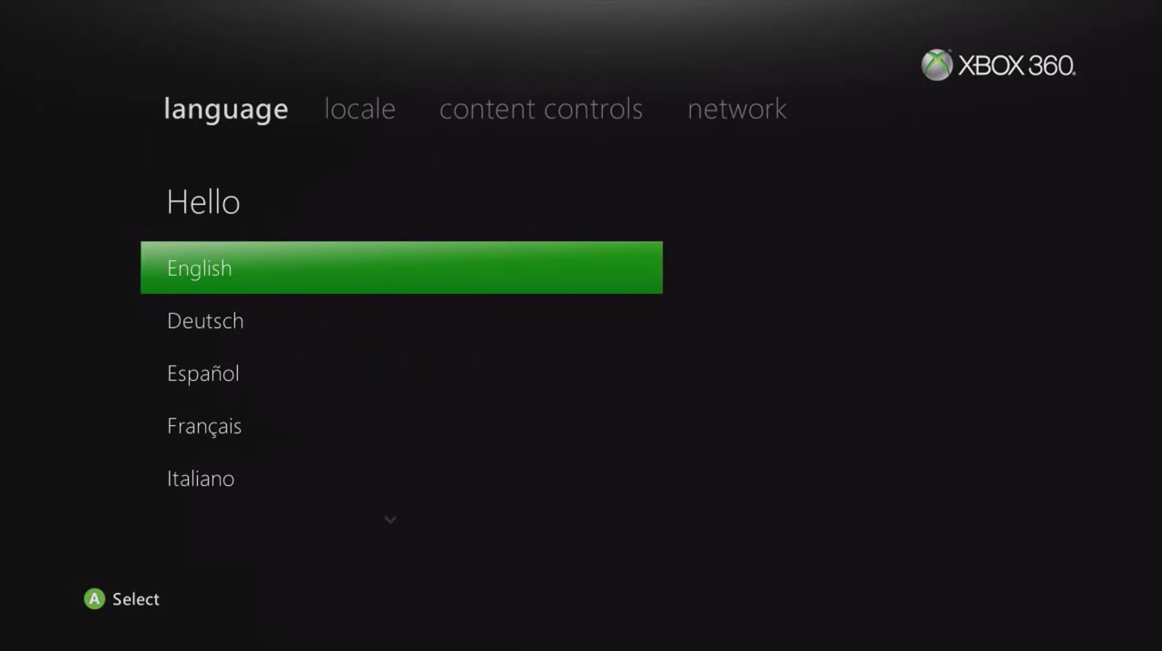 Xbox 360 initial setup language selection screen.