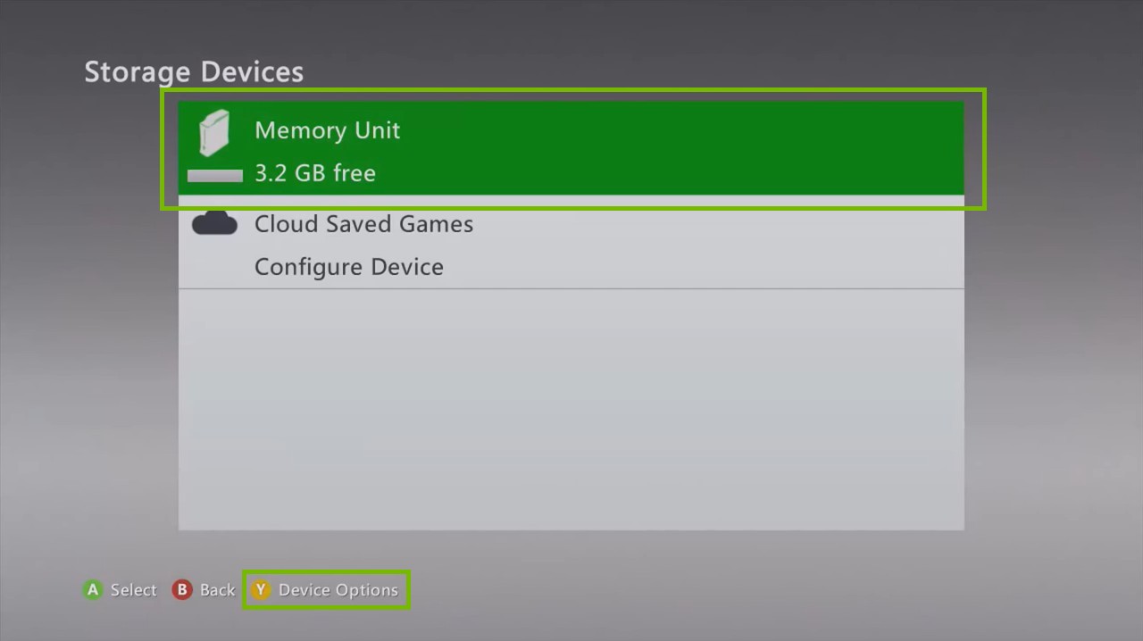 Xbox 360 Storage Devices screen, displaying the available storage mediums on your Xbox.