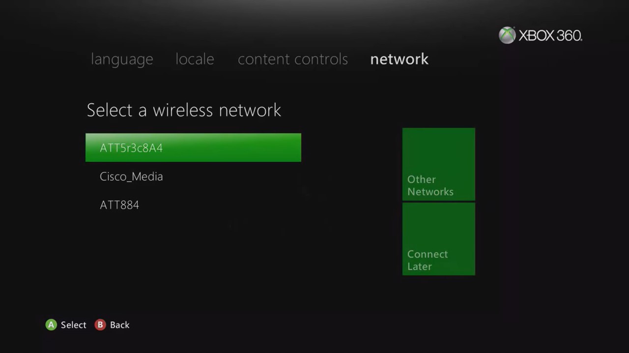 Xbox 360 initial Wi-Fi setup screen displaying a list of available networks.