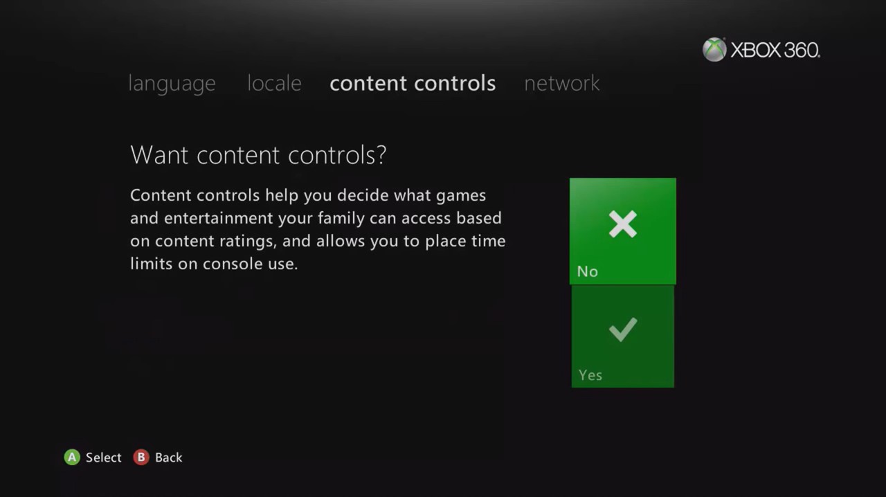 Xbox 360 initial setup content control options.