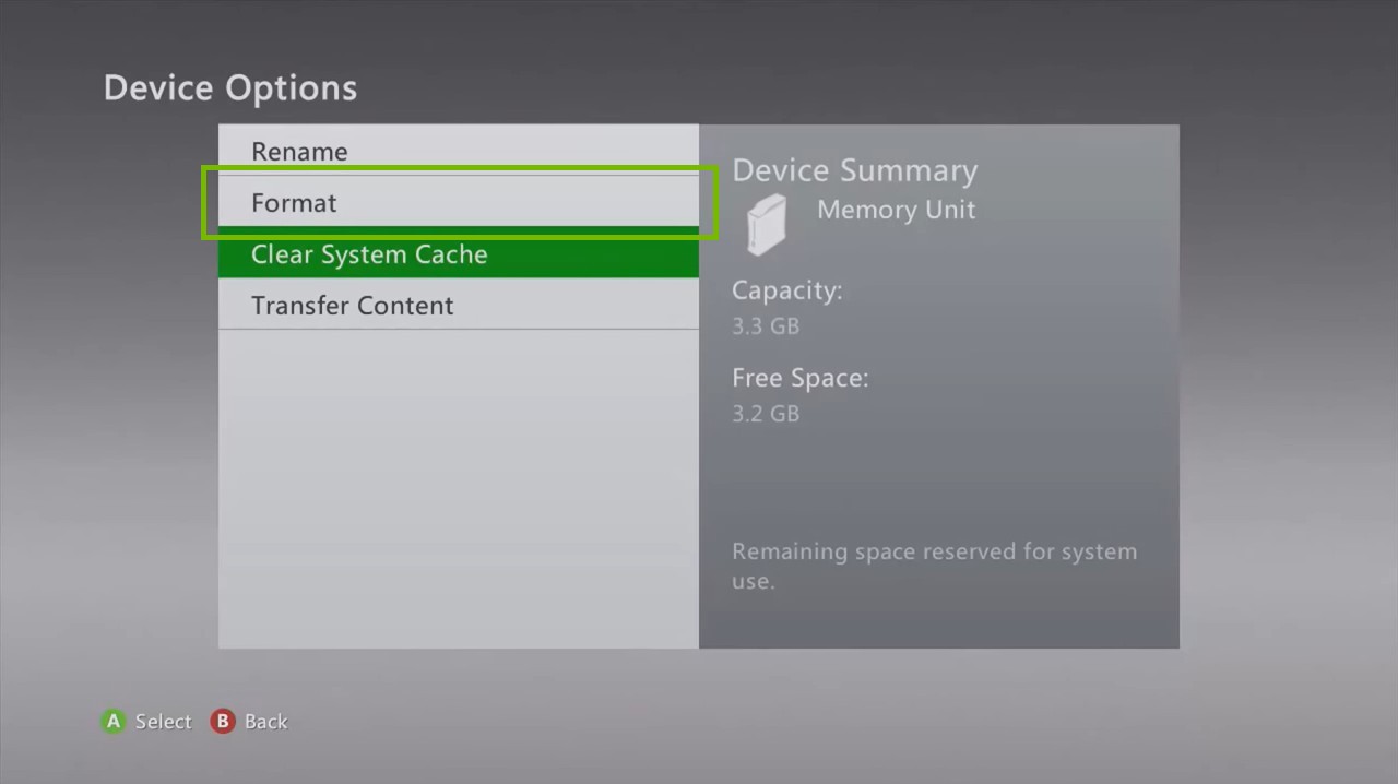 Xbox 360 Device Options menu, highlighting the Format option.