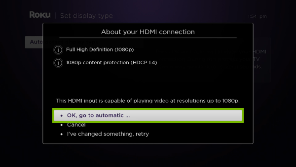 Go to automatic option highlighted on Display type detection screen.