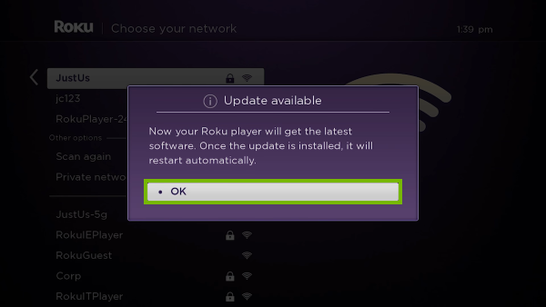 OK option highlighted on Roku software update notification.