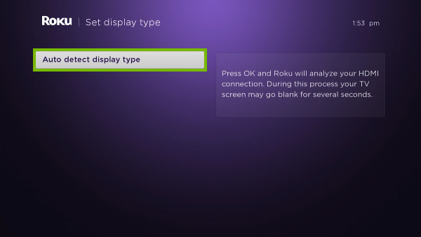 Auto detect display type option highlighted in Display type setup.