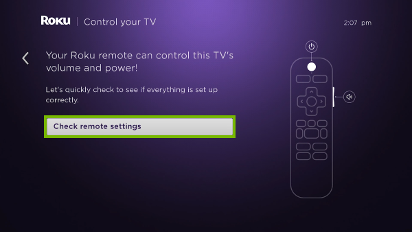 Check remote settings option highlighted in TV controls setup.