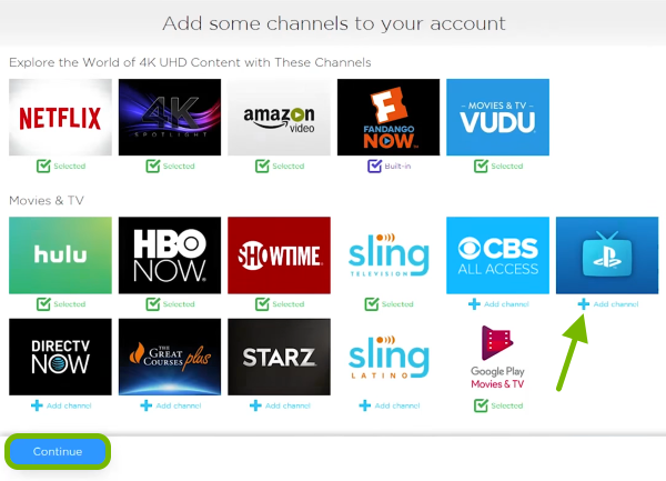 Add Channel option pointed out and Continue button highlighted on activation page.