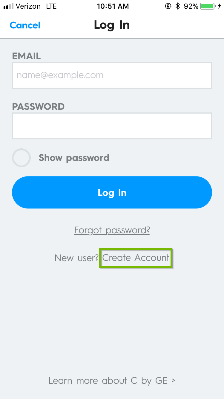 C by GE's log in page with create account highlighted.