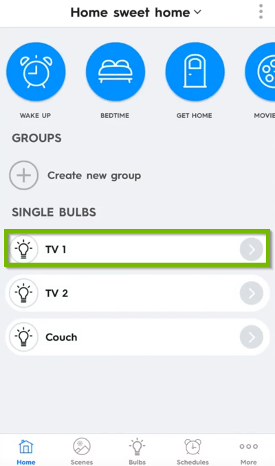 Bulb settings page with TV 1 bulb highlighted.