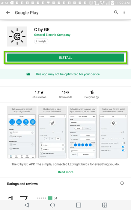 Android app for C by GE with install highlighted