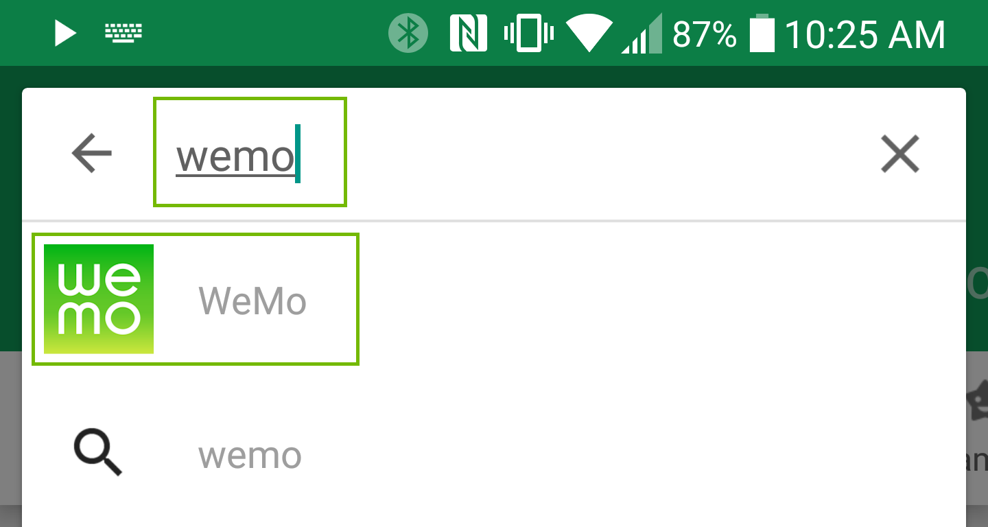 WeMo in search box with WeMo App highlighted.