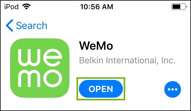 WeMo App Store page with Open highlighted.