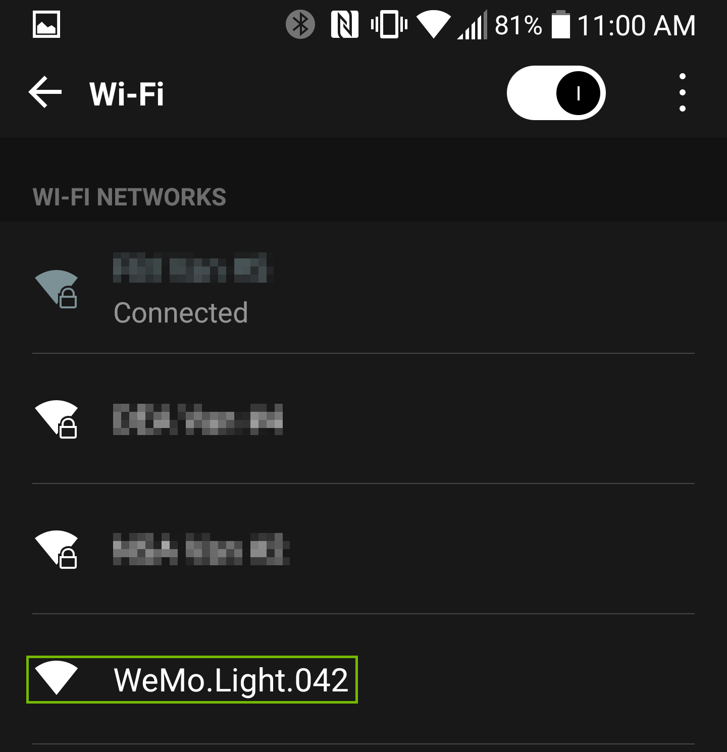 Wi-Fi Network list with WeMo network highlighted.
