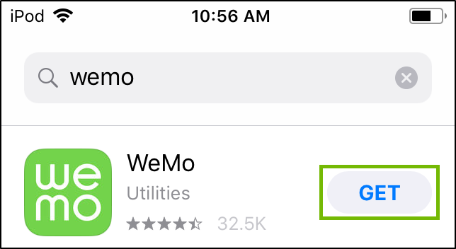 App store search with WeMo search, Get button highlighted.
