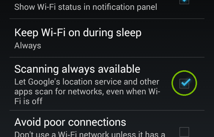 Android Advanced Wi-fi Menu, Always Scanning. Screenshot