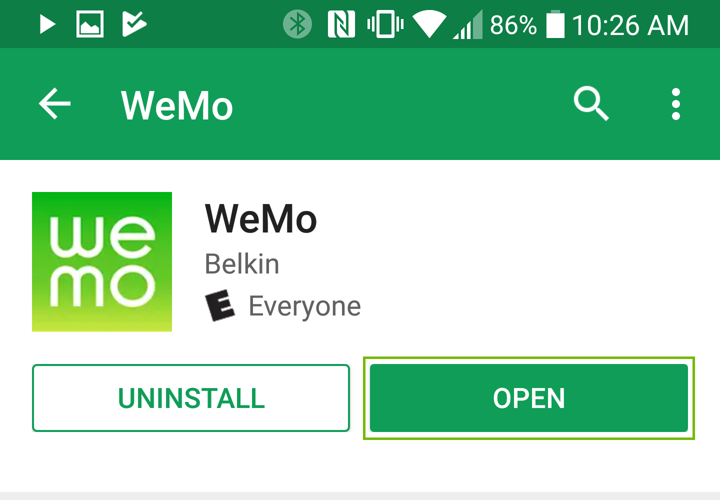 WeMo app installed, Open button highlighted.