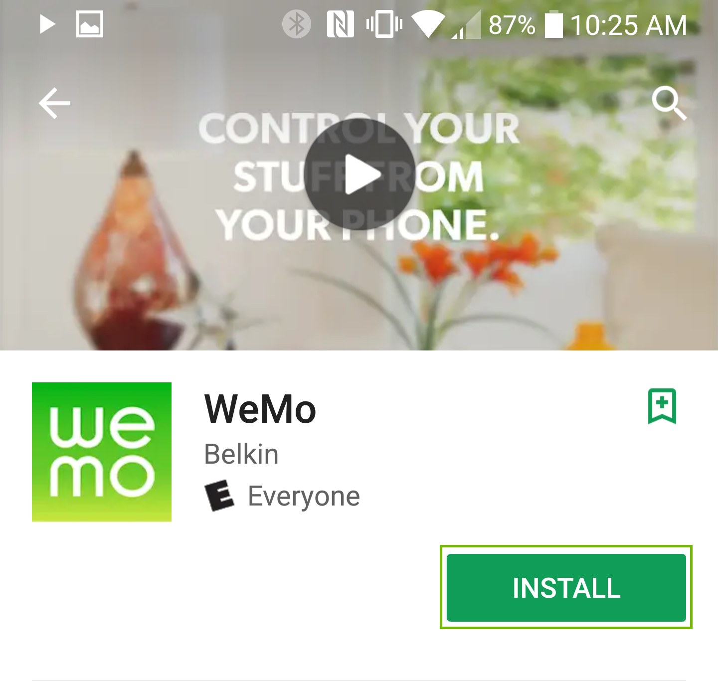 WeMo app store page with Install button highlighted.