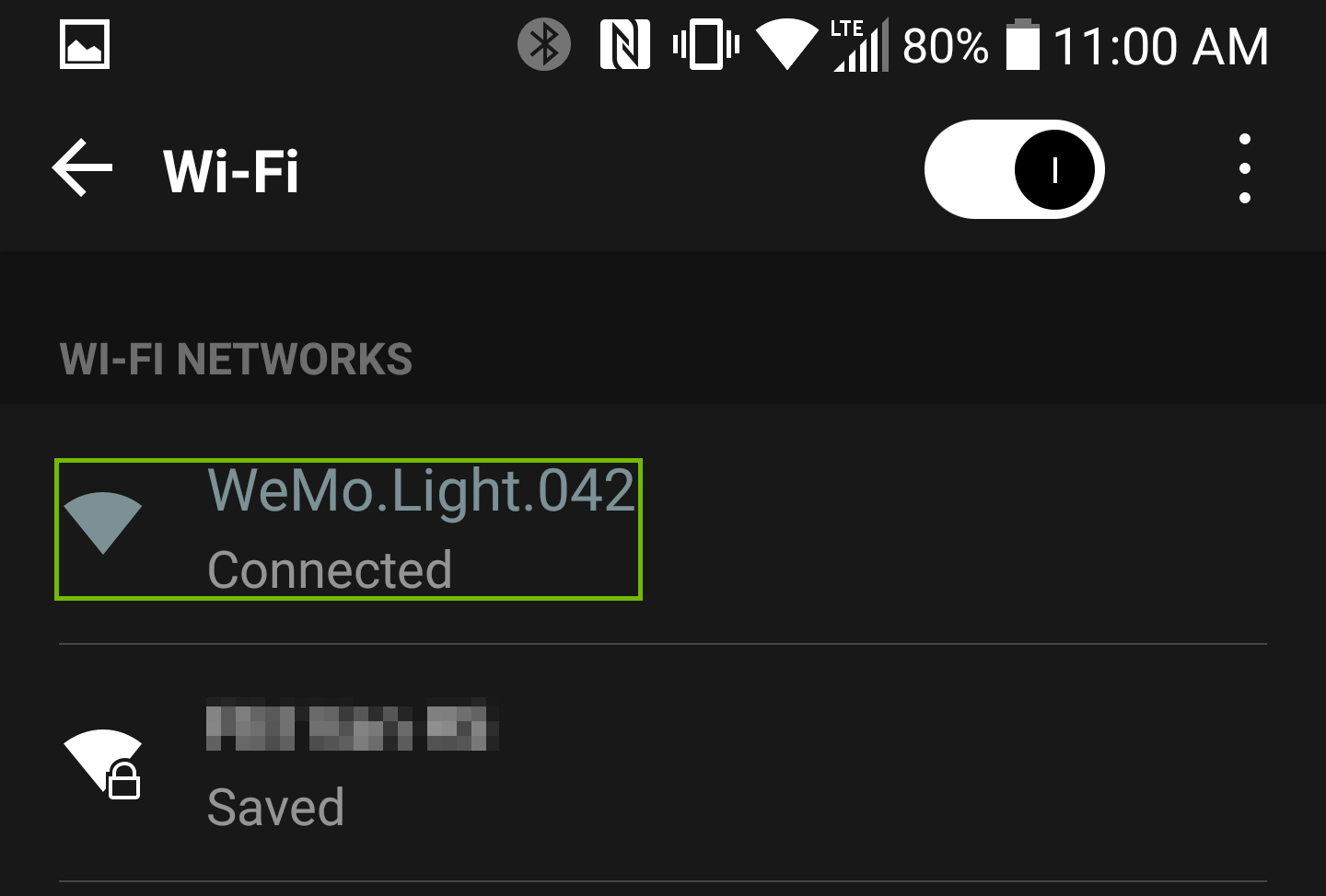 Wi-Fi networks showing connected to WeMo network.