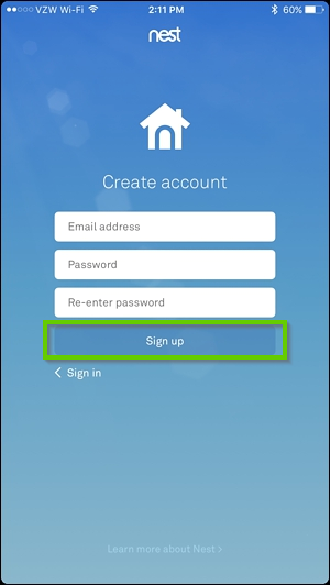 Nest App sign up page.