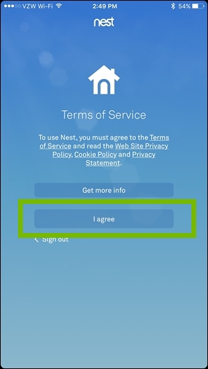 Nest app terms of service with I agree selected