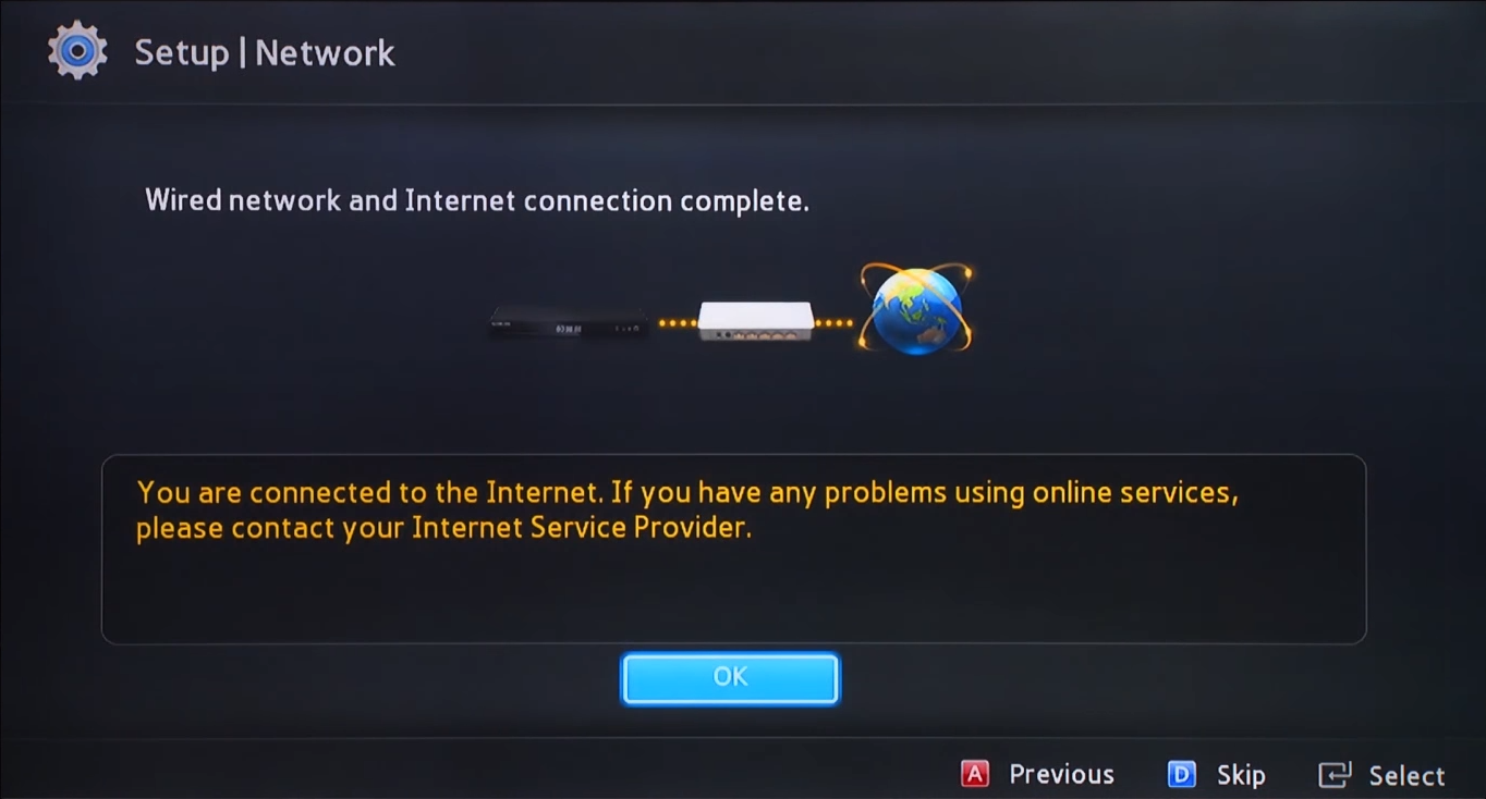 Wired network setup completion screen
