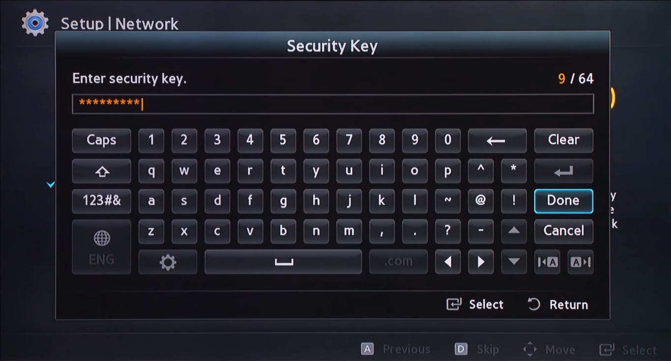 Wi-Fi key entry screen