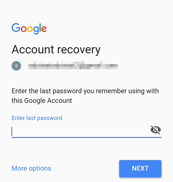 Account recovery asking for last known password.