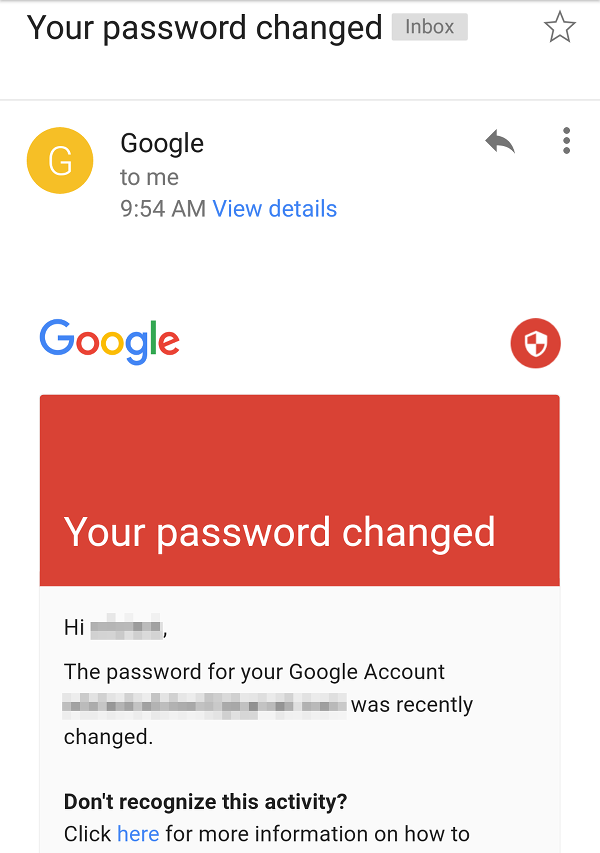Google Password Change email message.