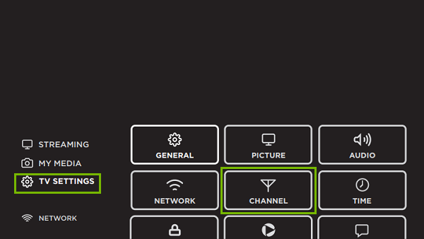 Element menu with TV settings and channel highlighted. Screenshot