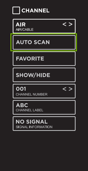 Channel menu with Auto Scan highlighted.