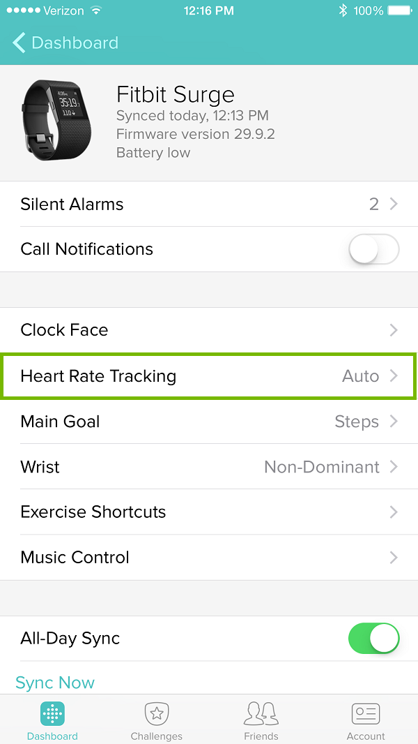 Fitbit app with Heart Rate Tracking highlighted. Screenshot