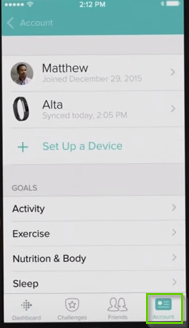 FitBit app highlighting the account button.