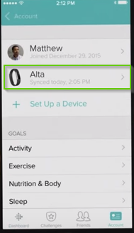 Fitbit app highlighting the Alta device within the device list.