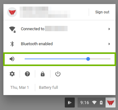 User menu with volume slider highlighted