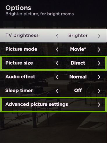 Picture Size and Advanced Picture Settings options highlighted on Options screen.