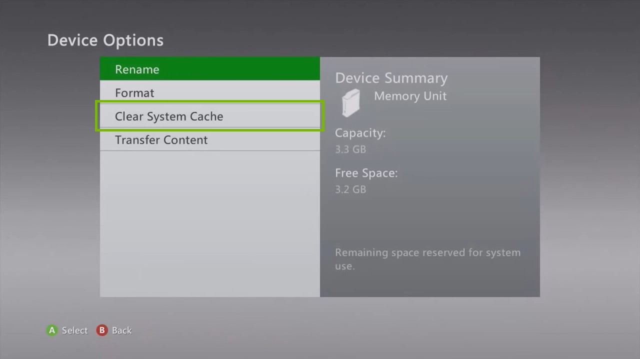 Xbox 360 Device Options screen highlighting the Clear System Cache option.